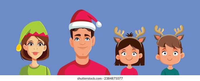 
Happy Family Wearing Christmas Hats Celebrating Together vector Characters Set. Cheerful relatives bonding with affection during holiday season
