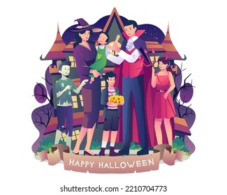 Happy Family wearing costumes celebrating Halloween night together.  Parent and kids in costumes of vampire, witch, zombie and pirate. Vector illustration in flat style