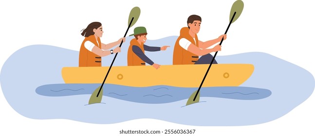 Happy family wearing life jackets are paddling a canoe on a lake, enjoying their summer vacation together, promoting water safety and family bonding