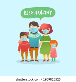 Happy family is wearing masks during coronavirus. Virus and illness protection, quarantine. COVID-19. A call to keep healthy. Mother, Father, Daughter and Sun.