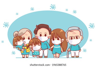 Happy family wearing protective Medical mask for prevent virus cartoon art illustration