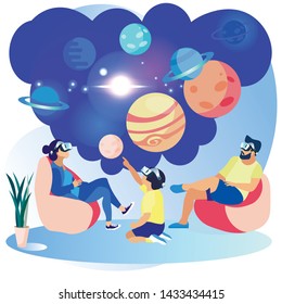 Happy Family Wearing VR Glasses Engage Astronomy Science, Father, Mother and Son Characters Watching on Virtual Solar System Planets, Studying Space, Cosmos Education, Cartoon Flat Vector Illustration