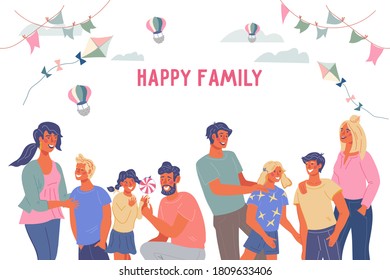 Happy family web banner template with group of parents and children, flat vector illustration. Banner or poster for family day and entertainment for adults and children.