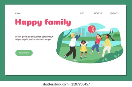 Happy family webpage concept with parents and children playing together outdoors, flat vector illustration. Web banner or landing page for family outdoor activity.