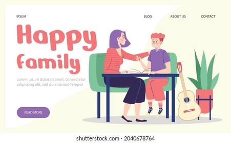 Happy family website banner with mother talking friendly and respectfully to her teenage child, flat vector illustration. Healthy good relationships in family.