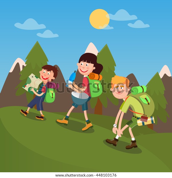 Happy Family Weekend Hiking On Mountains Stock Vector (Royalty Free ...