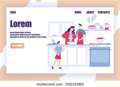 Happy Family Weekend - Mother, Father and Son Cooking Together. People Cartoon Characters Preparing Food in Kitchen. Parenthood and Childhood, Family Love and Care. Trendy Flat Vector Illustration.