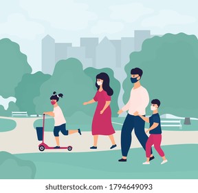 Happy family weekend. Parents with children in protective masks walk in a city park during the coronavirus quarantine COVID-19. The father leads son by the hand. A girl rides a scooter.