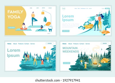 Happy Family Weekends Motivation Landing Page Set. Mother, Father, Children Do Yoga Exercising, Pick Mushrooms in Forest, Spend Time in Mountains Camp. Man Woman on Date. Vector Illustration