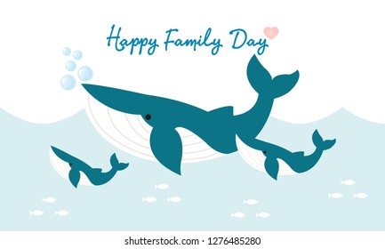 Happy Family whales cartoon. Whale and baby in the ocean. 