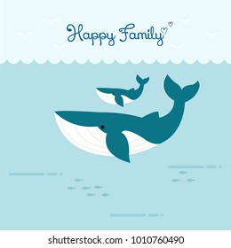 Happy family whales swimming underwater. vector illustration.