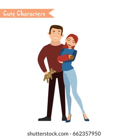 Happy family in the white background. Father, mother, son and daughter together. Vector illustrations in the flat style. Family portraits. Set of cute characters