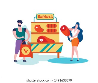 Happy Family of Wife and Husband Shopping Healthy Butcher Meat Production in Grocery Isolated on White Background, Fresh Healthy Food, Organic Farmer Product on Stall, Cartoon Flat Vector Illustration