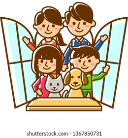 Happy family with window. Parents, children and pets. Vector illustration.
