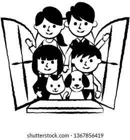 Happy family with window. Parents, children and pets. Vector illustration.
