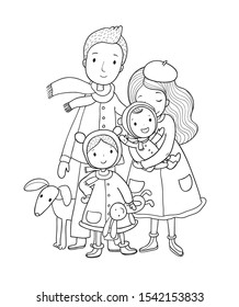 A happy family in winter clothes. Cute cartoon dad, mom, daughter and baby.