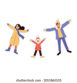 Happy family in winter clothes making snow angel and having outdoor fun, flat vector illustration isolated on white background. Parents and children playing snow game.