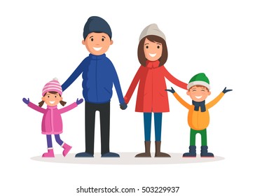 Happy family in winter clothes. Parents with children: father, mother, son and daughter enjoy the winter. Vector illustration in a cartoon style template for web banner design, flyer or greeting card