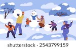 Happy family winter games. Funny parents with children make snowman and play snowballs. Outdoor snow activities. Cold season leisure. People walking in nature park