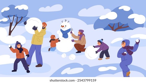 Felices juegos de invierno en familia. Los padres divertidos con niños hacen muñeco de nieve y juegan bolas de nieve. Actividades de nieve al aire libre. Ocio de la estación fría. Personas caminando en el parque natural