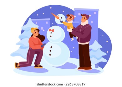 Happy Family in Winter Season Building Snowman at Snowy Evening Outdoor Vector Illustration