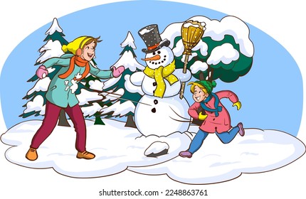 Happy Family in Winter Season Playing Snowballs Outdoor Vector Illustration