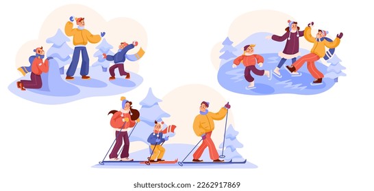 Familia feliz en invierno jugando bolas de nieve, esquí y juego de vectores al aire libre de patinaje sobre hielo