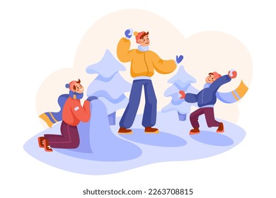 Happy Family in Winter Season Playing Snowballs Outdoor Vector Illustration