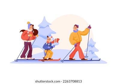 Happy Family in Winter Season Skiing in the Forest Vector Illustration