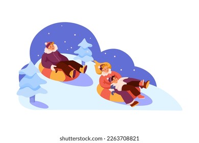 Happy Family in Winter Season Sliding Downhill on Donut Tube Vector Illustration