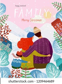 happy family in winter, vector illustration of a family on nature outdoors among mountains, trees and houses, mother, father, child sit back and hug, cute greeting card for Christmas and New Year