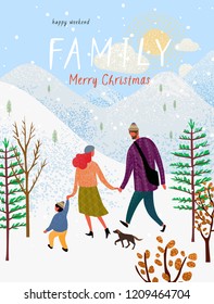 happy family in winter, vector illustration of a loving family in nature outdoors, mom, dad, child and dog walk among the mountains, trees and fir trees, cute postcard for Christmas and New Year
