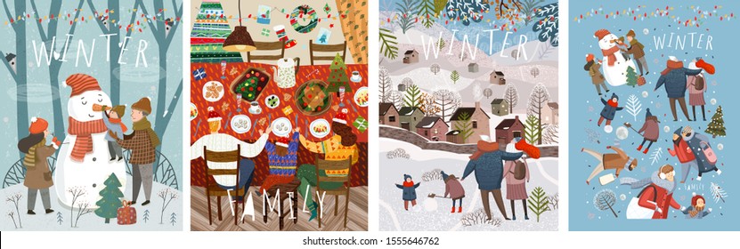 Happy family in the winter. Vector illustrations of mother, father and child on the street making a snowman at home at the festive Christmas and New Year table and walking for a walk in nature.
