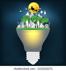 Happy family with Witch riding broom flying in the night countryside house in the park on the light bulb as halloween festival, paper art and craft style concept. vector illustration.