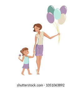 Happy family woman and girl have fun with balloons, walk and eat ice cream, smiling. Vector cartoon illustration eps10