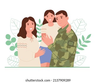 Happy family. Woman and man in military uniform holding daughter in her arms. Vector illustration