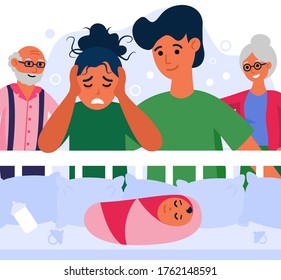 Happy family and woman suffering from post natal depression. Couple and grandparents at baby crib flat vector illustration. Post natal depression concept for banner, website design or landing web page