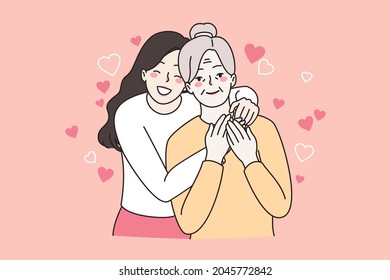 Happy family women generations concept. Young girl and her grandmother standing hugging smiling feeling great together vector illustration 