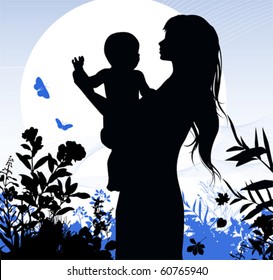 Happy family - women and her child. Vector illustration.