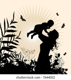 Happy family - women and her child. Vector illustration.