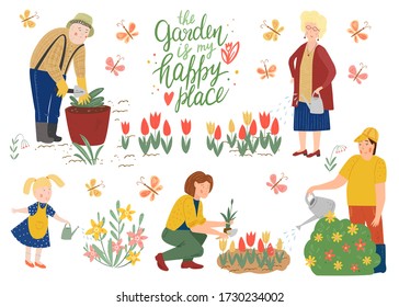 Happy Family Working In Garden. Man, Woman Gardener Watering Plants, Planting Flowers. Little Girl Holds A Watering Can. People Work In The Garden. Flat Vector Background. Garden Place. Summer Work.