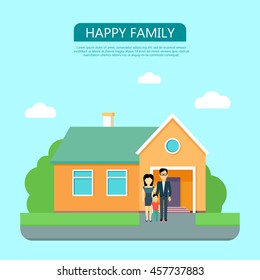 Happy family in the yard of their house. Home icon symbol sign. Colorful residential cottage with green bushes. Part of series of modern buildings in flat design style. Real estate concept. Vector