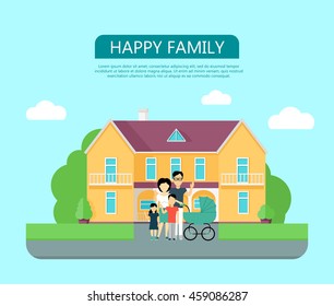 Happy Family In The Yard Of Their House. Home Icon Symbol Sign. Colorful Residential Cottage With Green Bushes. Part Of Series Of Modern Buildings In Flat Design Style. Real Estate Concept. Vector