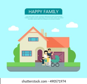 Happy Family In The Yard Of Their House. Home Icon Symbol Sign. Colorful Residential Cottage In Beige Colors. Part Of Series Of Modern Buildings In Flat Design Style. Real Estate Concept. Vector