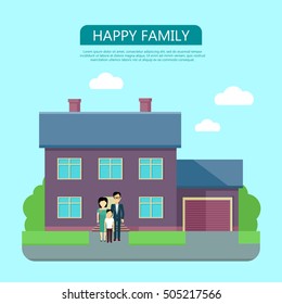Happy family in the yard of their house. Home icon symbol sign. Colorful residential cottage with green bushes. Part of series of modern buildings in flat design style. Real estate concept. Vector