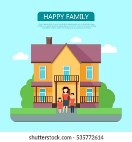 Happy family in the yard of their house. Home icon symbol sign. Colorful residential cottage with green bushes. Part of series of modern buildings in flat design style. Real estate concept. Vector