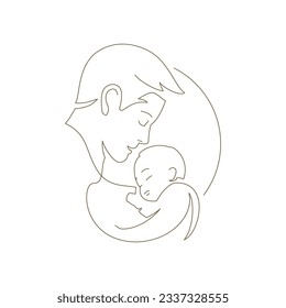 Happy family young father hug little baby newborn son continuous line art logo for Father's Day vector illustration. Dad embracing kid child enjoy parenthood with love and tenderness minimalist icon