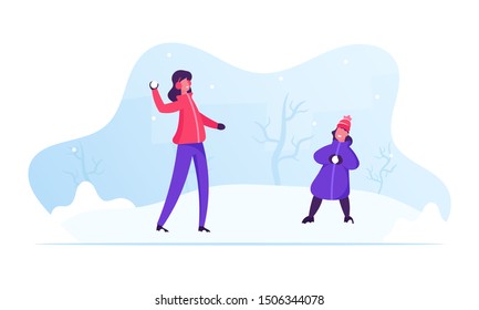 Happy Family Young Mother and Little Daughter Throwing Snowballs. Winter Season Outdoors Leisure and Activities. People Have Christmas or New Year Holiday Fun. Cartoon Flat Vector Illustration