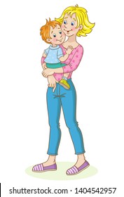 Happy family. Young mother stands with a small child in her arms.  In cartoon style. Isolated on white background. Vector illustration.
 