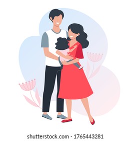 A happy family. Young parents. Mom holds a small child in her hands. Vector illustration